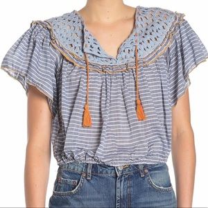 Free People Allora Allora Crochet Crop Top Crewneck orange pull-on tassels